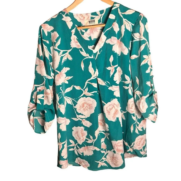 Verse Maternity Women’s Blouse Green Floral V Neck Roll Tab Sleeve Size L - Picture 2 of 11